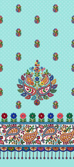 Vibrant Digital Textile Design with Gujarati Embroidery Style Motifs on Black Background