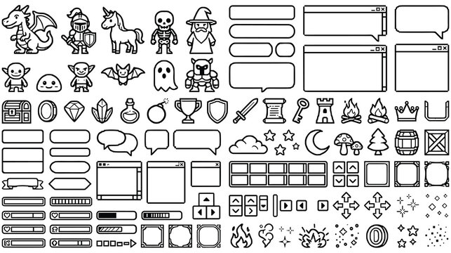Pixel art game characters items and interface elements.