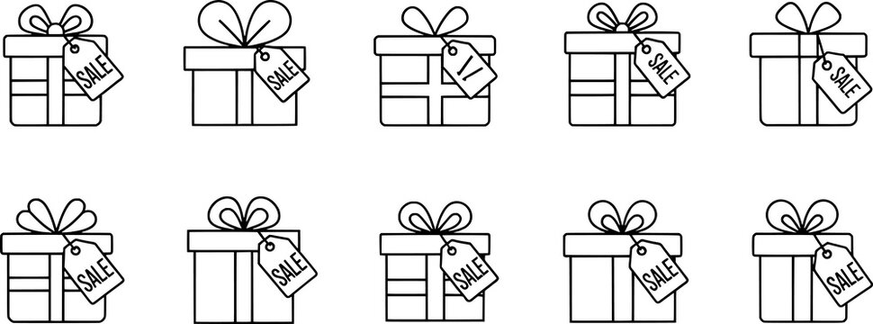 Black and white gift box icons, sale vector illustration set, promotional design collection, minimal shopping artwork, discount offer symbols