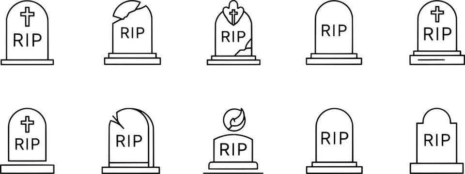 Black and white gravestone RIP tombstone icon set, death remembrance cemetery memorial symbol collection, minimal vector artwork illustration style