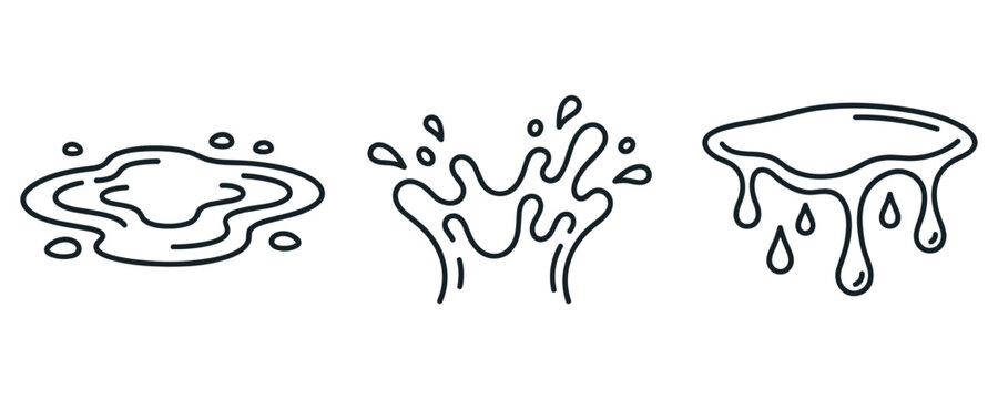 Water puddles and splashes set liquid dripping icons.