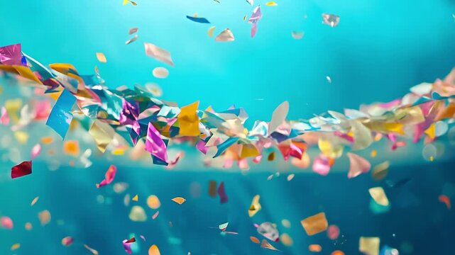 Colorful confetti flying over bright blue water surface, festive celebration splash
