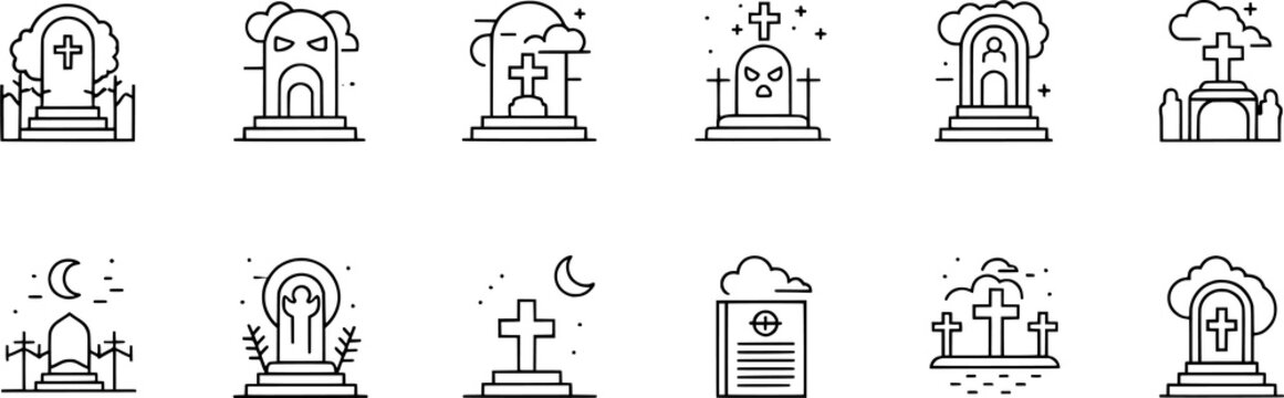 Black and white gravestone tombstone icon set, cemetery memorial cross cloud symbol collection, minimal vector artwork, clean graphic illustration style