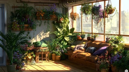 Fototapeta premium Cozy Indoor Garden with Abundant Greenery and Sunlight Filtering Through Window in a Serene Living Space