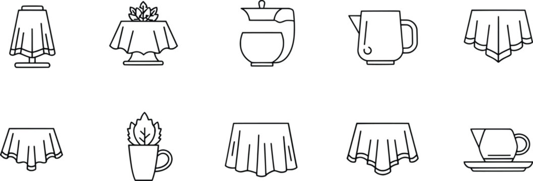 Black and white household dining icon set, kitchen table teapot cup lamp symbol collection, minimal vector artwork illustration style