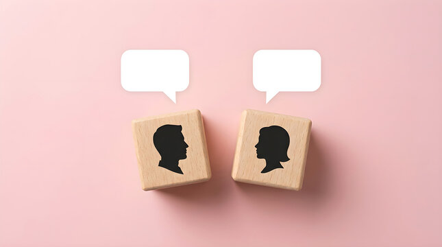 Interpersonal Communication Concept Featuring Wooden Blocks with Human Silhouettes and Speech Bubbles