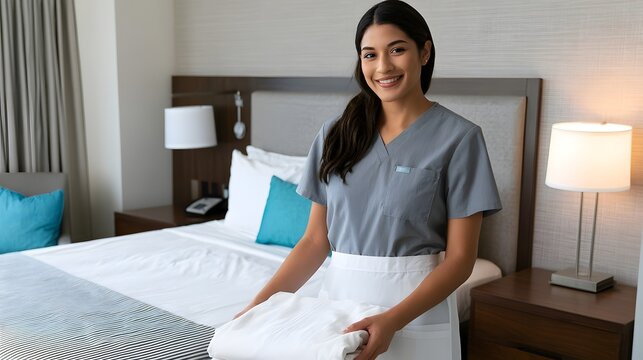 A smiling hotel housekeeper holding folded linens beside a neatly made bed with modern bedside lamps