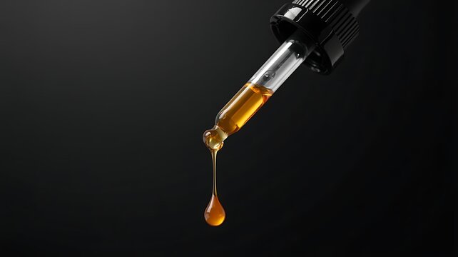 Macro close-up of a glass dropper dispensing a golden liquid oil against a dark black background