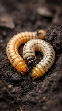 Macro photograph of two beetle larvae crawling on dark soil in their natural garden environment
