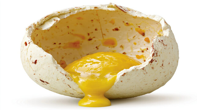 Egg yolk eggshell broken cracked leak raw food yellow liquid Smooth egg yolk flowing from cracked speckled eggshell onto white background, capturing rich texture, slow movement and creamy raw food