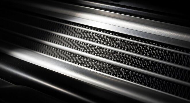 Metallic intercooler fins close up showing industrial engineering design