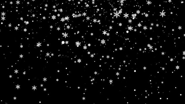 Natural white snowflake particles swirling and drifting over black background with subtle gray flare seamless 4k loop