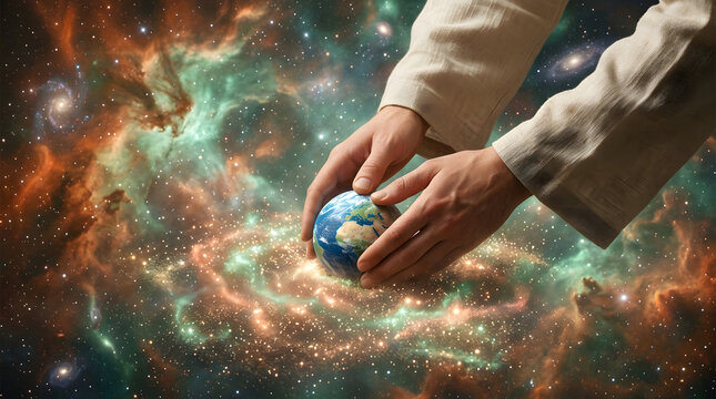 God, hands and earth in galaxy with universe, creation and spirituality for protection, faith and religion. Divine power, world and global unity in space with nebulae, stars and environmental care