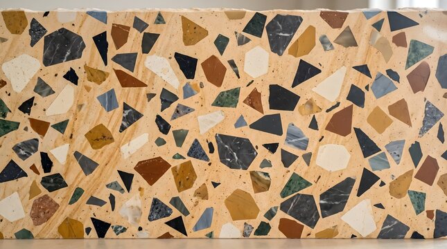 Sandstone terrazzo tile texture with modern geometric fragments