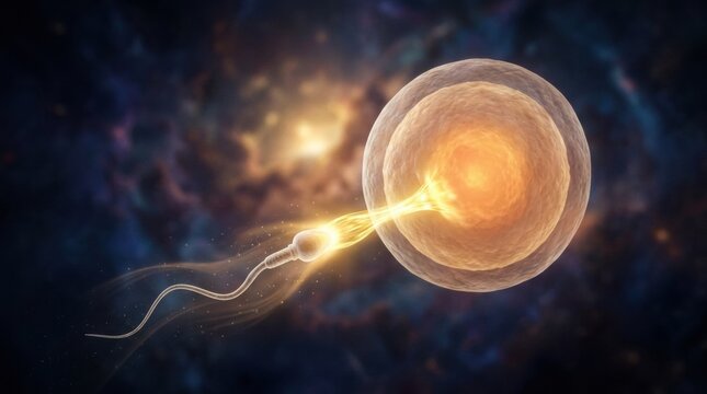 A sperm cell approaches and connects with an egg in a laboratory sample vial. This represents concepts of fertility and reproductive health.