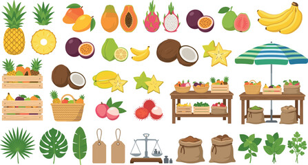 Tropical fruit market vector element bundle with market stands wooden crates pineapple papaya dragon fruit bananas and local produce stalls © Monirul