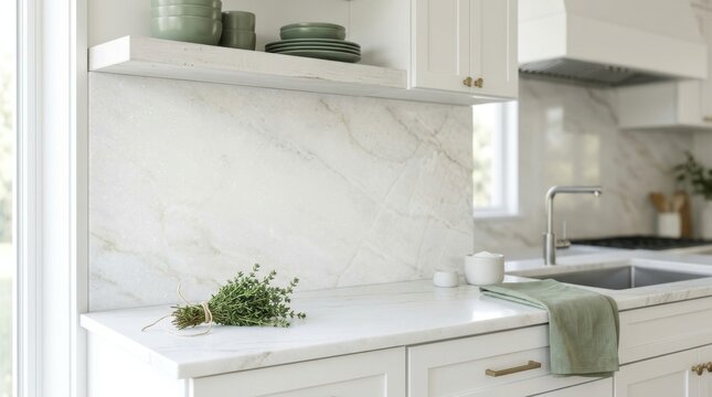 Modern white kitchen interior with marble countertop and backsplash featuring fresh green herbs and minimalist decor