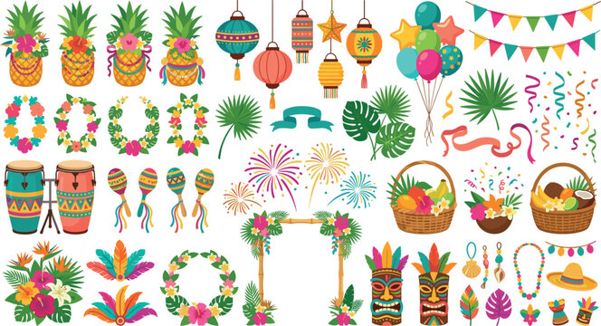 Tropical Hawaiian luau party and carnival celebration vector element set featuring tikis pineapples conga drums maracas baskets and lanterns