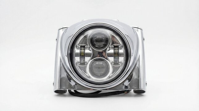 Chrome Motorcycle LED Headlight with Modern Design on White Background.