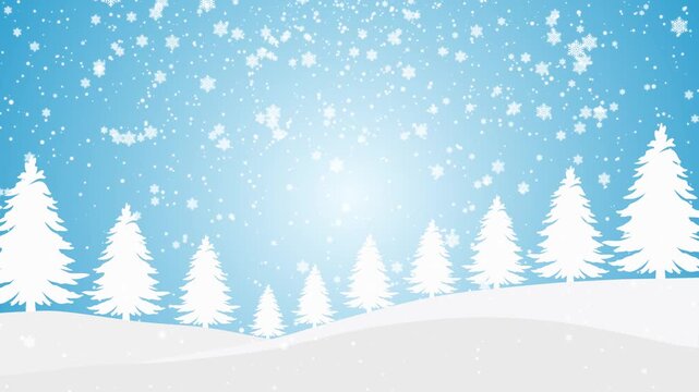 Winter snowfall over snowy pine forest landscape with falling white snowflakes and festive blue sky background animation
