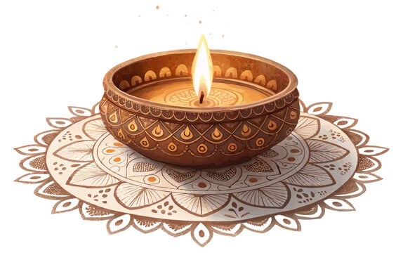 Ornate diwali diya is burning on white background