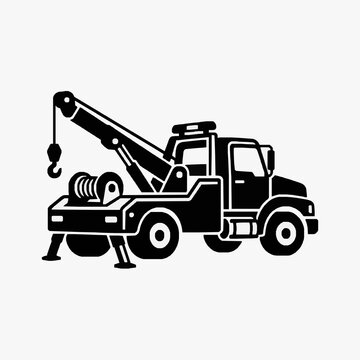 Professional Black and White Line Drawing of a Tow Truck with Extended Boom and Hook for Vehicle Recovery