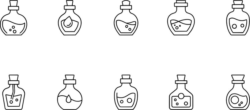 Black and white potion bottle icon set, fantasy chemical container magic elixir symbol collection, minimal vector artwork, illustration style