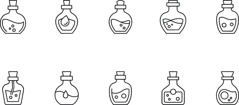 Black and white potion bottle icon set, fantasy chemical container magic elixir symbol collection, minimal vector artwork, illustration style