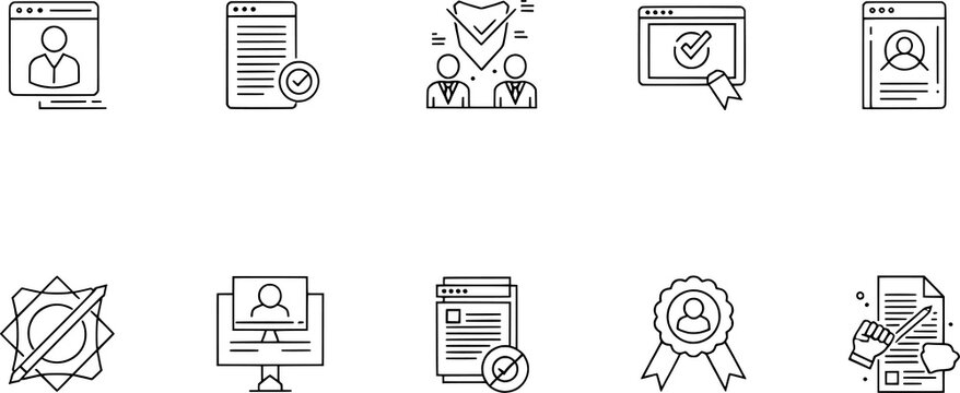 Black and white profile verification icon set, certification identity document approval symbol collection, minimal vector artwork, clean graphic illustration style