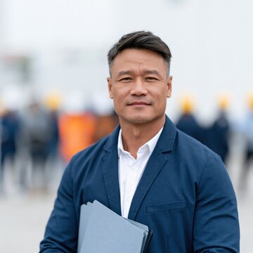 Experienced corporate manager portrait holding documents for professional profile and executive headshot background