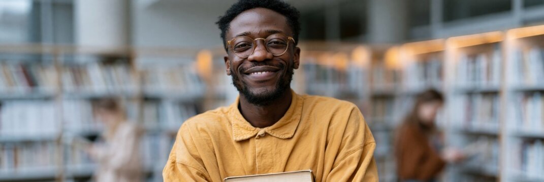 Smiling student in library portrait holding books for education website banner background and academic campus learning resource design