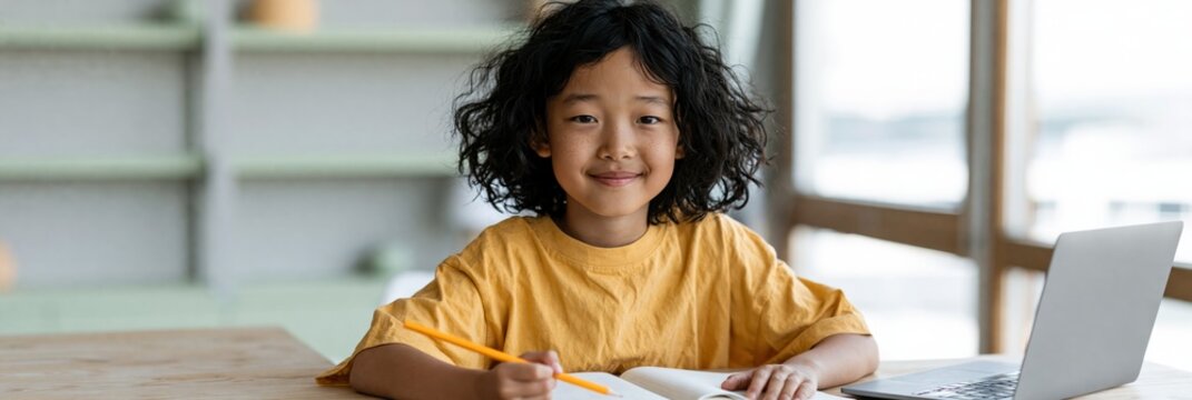 Child studying with pencil and open book at a desk beside a laptop for learning background and educational wallpaper or poster design