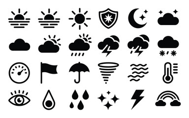 Naklejka premium Title 2: Weather forecast icons showcasing solid black symbols for sun, moon, clouds, rain, snow, storm, wind, lightning, temperature, eye, and stars.