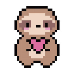 Fototapeta premium Cute Pixel Art Sloth Holding Pink Heart Vector Illustration