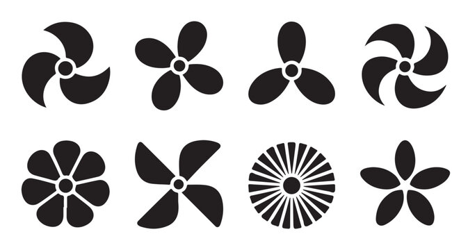 Set of black fan blade icons on transparent background for industrial and home appliances.