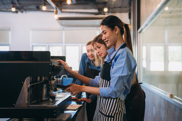 Fototapeta premium An experienced instructor guides students through the art of coffee making in a barista class, demonstrating brewing techniques and sharing tips for crafting the perfect cup