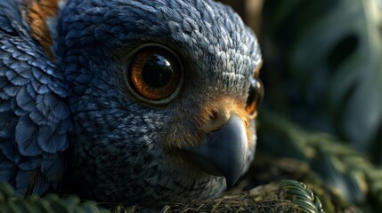 Obraz premium Close-Up of a Colorful Bird with Striking Eyes, Surrounded by Lush Greenery in a Natural Environment, Capturing the Beauty of Wildlife and Nature