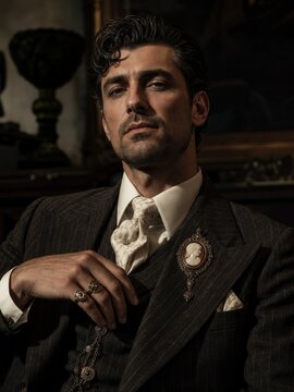 Confident vintage gentleman portrait in pinstripe suit with cameo brooch and silk cravat