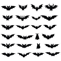 Fototapeta premium Black silhouettes of bats in different positions isolated on white background collection