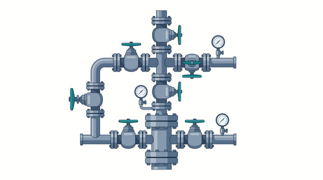 Industrial steel pipe system with plumbing valves and pressure gauges isolated on white background