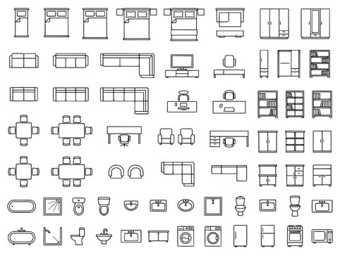 Architectural floor plan symbols, interior design furniture icons for house layout, 63 vector line elements for apartment planning and blueprint drafting