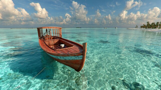 Serene Tropical Scene with a Traditional Wooden Boat on Crystal Clear Water Under Bright Blue Sky with Fluffy Clouds and Lush Tropical Island in Background