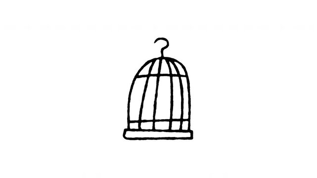 4K animated hanging bird cage doodle icon. Frame by frame line art on black and green screen chroma key background for avian pets, parrot enclosure, birdhouse, and pet shelter video editing.