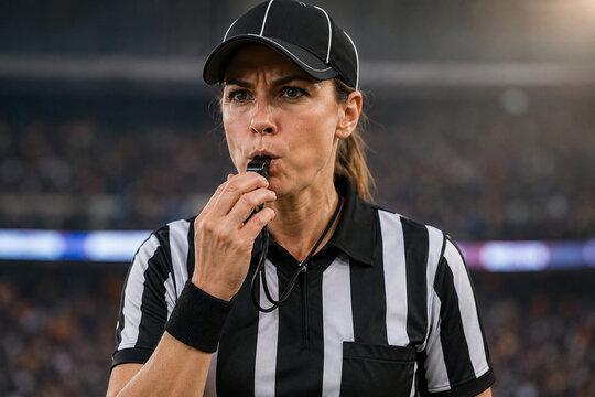 Determined female American football referee blowing a whistle during a professional match in a crowded stadium, portrait of a woman sports official in striped uniform and black cap.
