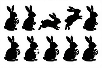 Obraz premium Black rabbit silhouette set. Easter bunny icons with eggs and hearts for spring designs.