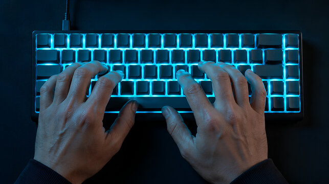 First person POV of hands typing on a glowing neon blue mechanical keyboard with blank keycaps