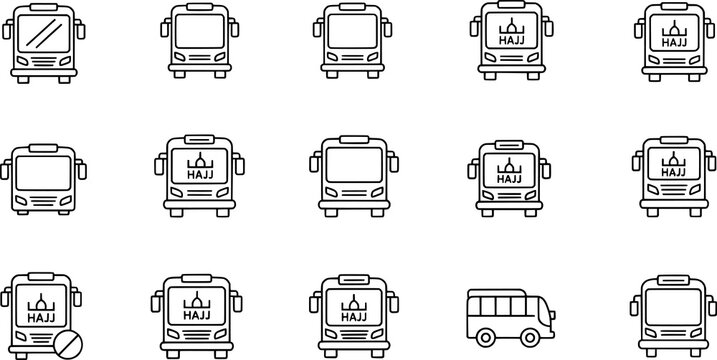 Black bus silhouettes, Hajj pilgrimage transportation vector illustration set, travel vehicle design collection, religious journey icons, cultural artwork graphics