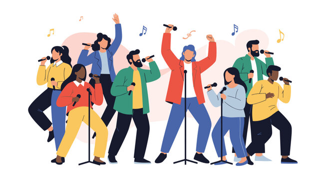 Group of happy young people singing passionately into microphones during a fun karaoke party or music festival.