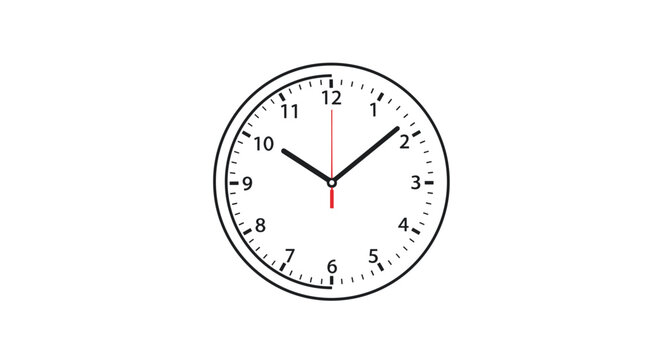 Minimalist analog wall clock with black numbers and red hands showing ten minutes past ten on a white background.