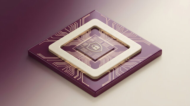 Cybersecurity, microchip and data protection for computer hardware, network privacy and internet safety. Electronic chip, semiconductor and processor with padlock for encryption and secure tech syste